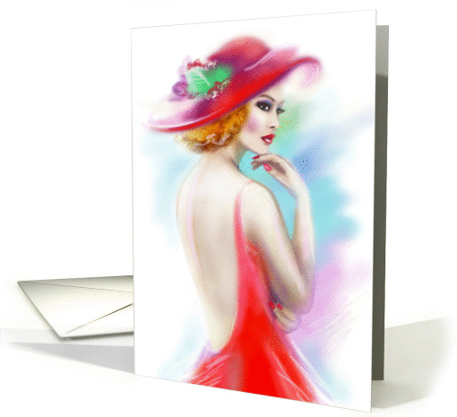 Blank Note Card, beautiful fashion woman in red hat card (1372096)