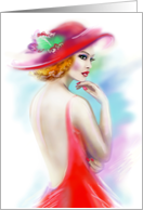 Blank Note Card, beautiful fashion woman in red hat card