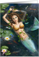 Beautiful Fantasy mermaid in lake with lilies. Fantasy Art. blank card