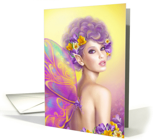 Beautiful fairy butterfly at pink and purple flower . Fantasy Art card