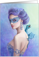 Fantasy winter woman, beautiful snow queen in mask with blue dragon card