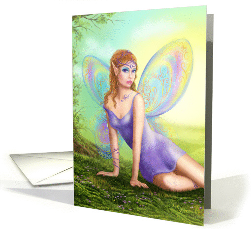 Fantasy fairy butterfly sits on grass in wood. card (1433596)
