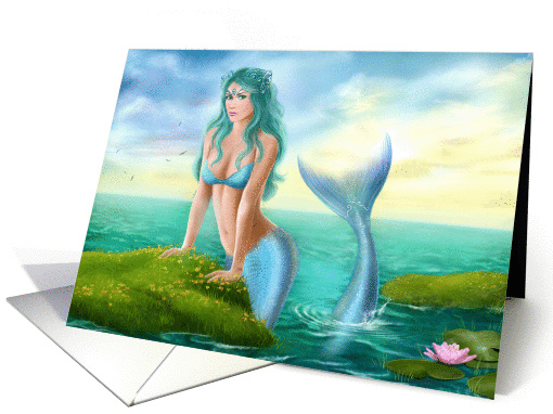 Fantasy beautiful young woman mermaid in sea. Blank Note card