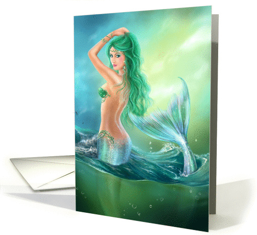 beautiful woman mermaid fantasy at ocean on waves. Blank Note card