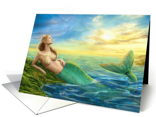 Beautiful princess- fantasy mermaid at sunset .Blank Note card