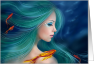 Illustration fantasy sea mermaid with red fishes. Blank Note card