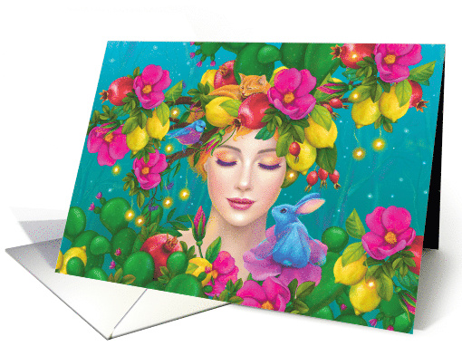 Fairy with flowers and animals. Blank Note card (1756304)