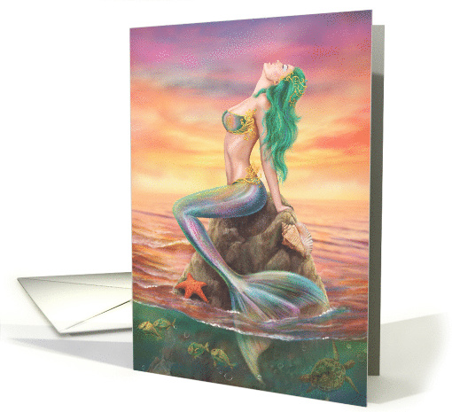 Mermaid on a stone at sunset Blank Note card (1758078)