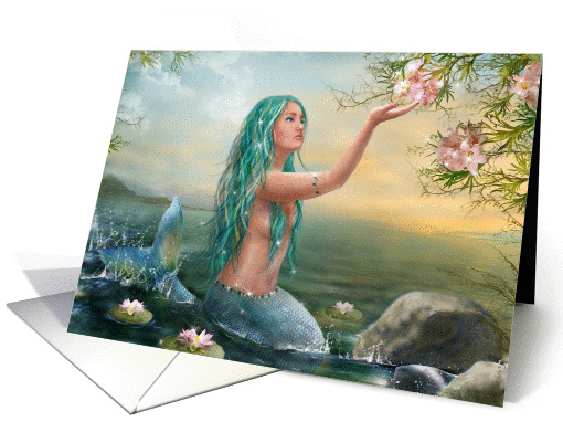 Mermaid in the Sunset with Green Hair & Lilies card (554949)