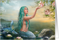 Mermaid in the Sunset with Green Hair & Lilies card