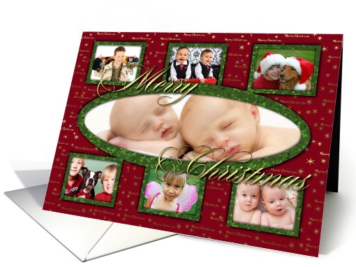 Merry Christmas Green Glitter Effect Seven Photo card (893001)