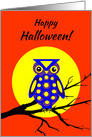 Humorous Kids Halloween Owl W Big Yellow Moon on Tree Branch card