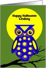 Personalized Name Halloween Owl W Big Yellow Moon on Tree Branch card