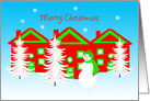 Merry Christmas Jolly Snowman with Red and Green Houses card