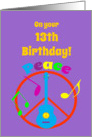 Birthday 13th Peace Sign, Guitar and Music Notes card