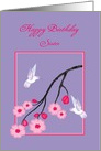 Custom Birthday White Hummingbirds on Cherry Blossom Branch card
