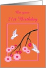 Custom 21st Birthday White Hummingbirds on Cherry Blossom Branch card