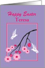 Custom Name Easter White Hummingbirds on Cherry Blossom Branch card