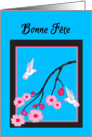 Bonne Fete Name Day White Hummingbirds on Cherry Blossom Branch card