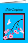 Spanish Birthday White Hummingbirds on Cherry Blossoms card