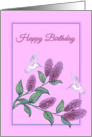 Birthday Flowers and White Hummingbirds on Lilac Tree Branch card