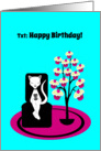 Birthday Humor Texting Cat Illustration with Cupcake Tree card