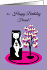 Friend Birthday Humor Funny Texting Cat with Cupcake Tree card