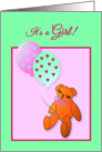 Annoucement New Baby Girl Teddy Bear with Balloons card