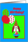 Kids Birthday Dog with Cupcake, Red Strawberry and Balloons card