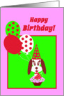 Kids Birthday Girls Dog with Cupcake, Red Strawberry and Balloons card
