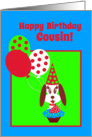 Birthday Cousin Dog with Cupcake, Red Strawberry and Balloons card