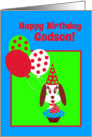 Birthday Godson Dog w Cupcake, Red Strawberry and Balloons card