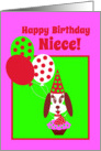 Birthday Niece Dog w Cupcake, Red Strawberry and Balloons card