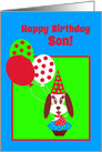 Son Birthday Dog Cupcake, Red Strawberry and Balloons card