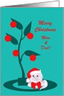 Christmas Customizable White Cat in Santa Hat card