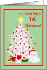 Baby 1st Christmas White Cat in Santa Hat with Tree and Gifts card