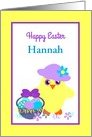 Custom Name Easter Chick, Basket, Colored Eggs and Flowers card