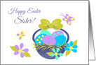 Sister Easter Basket w Colored eggs, Flowers and Butterflies card