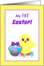 First Easter for Baby Chick, Basket, Colored Eggs, Flowers card