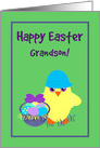 Grandson Easter Baby Chick, Basket, Colored Eggs, Flowers card