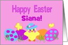 Easter Custom Name Baby Chick with Colorful Painted Eggs card