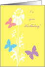 General Birthday Butterflies on Yellow with White Flower Silhouettes card