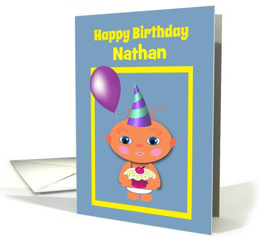 Personalized Name Birthday Baby with Cupcake and Balloons card