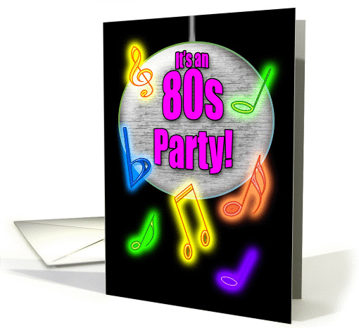 Invitation 1980s Party Colorful Neon Disco Ball and Music Notes card