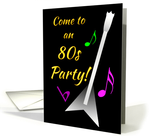 Invitation 1980s Party Flying V Guitar and Colourful Music Notes card