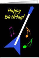 Happy Birthday Flying V Guitar and Colourful Music Notes card