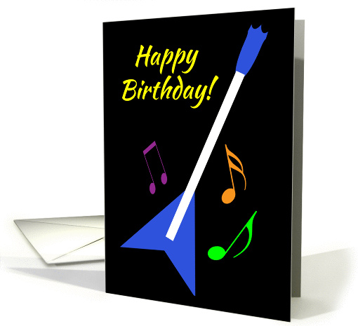 Happy Birthday Flying V Guitar and Colourful Music Notes card