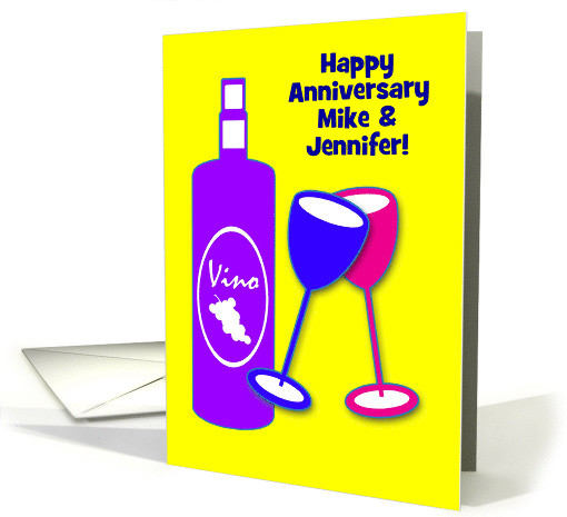 Wedding Anniversary Custom Name Wine Bottle and Glasses card (1123064)
