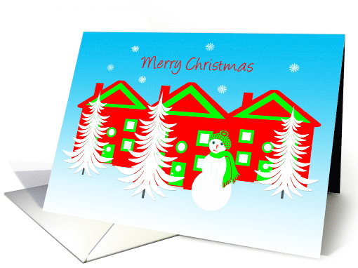 Christmas Winter Scene Snowman Trees and Red Houses card (1150684)