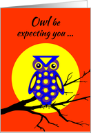 Invitation Halloween Pumpkin Carving Party Owl With Big Yellow Moon on Branch card